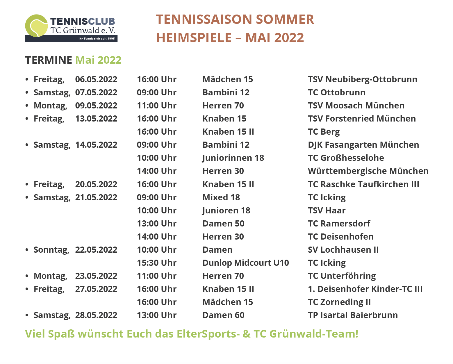 TC Grünwald ElterSports Tennis Heimspiele Sommersaison Mai 2022